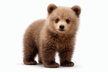 Obraz premium Young brown bear standing photorealistic isolated on white background, gentle calm wildlife stock image