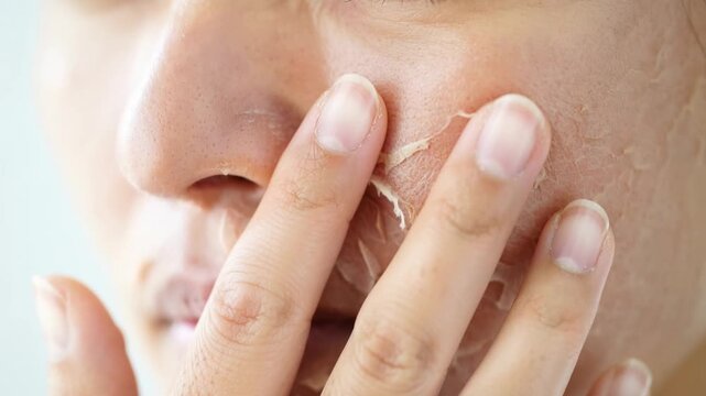 Close up of face with dry peeling skin, flaking texture and dehydration skincare problem.