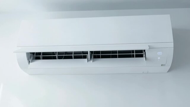 Modern wall mounted air conditioner with digital display in bright room for home cooling and climate control.