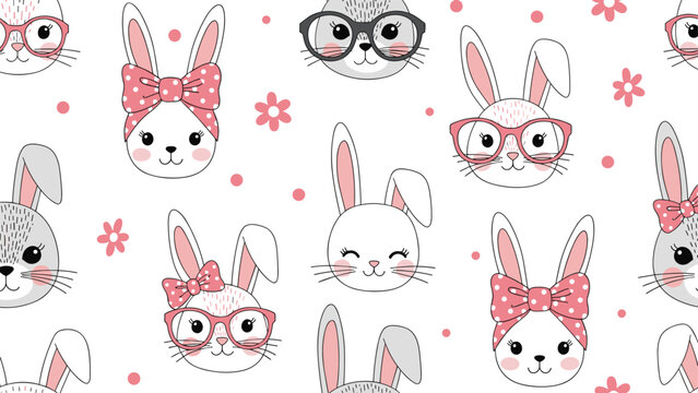 Adorable seamless pattern with white and gray bunny faces wearing glasses and bows on a white background with flowers.