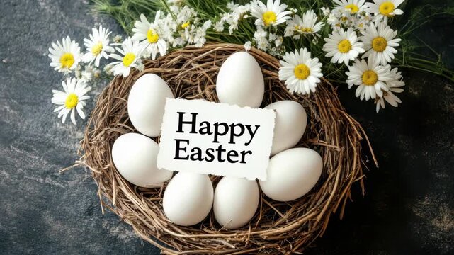Happy Easter greeting with white eggs in a rustic bird's nest. Spring holiday composition with daisy flowers. Animated still life for seasonal celebration