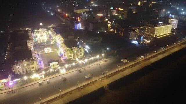 29.12.2025.Puri Orissa India aerial video clip of marine drive road illuminated with street light in Puri captured with drone during night