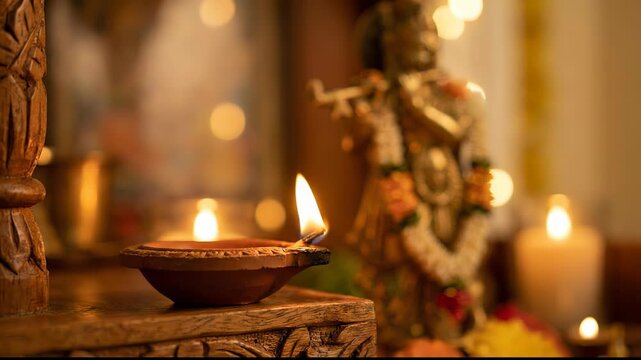 Golden bokeh illuminates a burning diya placed near a devotional krishna idol on a carved wooden altar.
