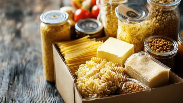 Cardboard boxes full of non perishable food items like pasta, grains, canned goods, and butter, prepared by volunteers for a food bank, symbolizing charity and support
