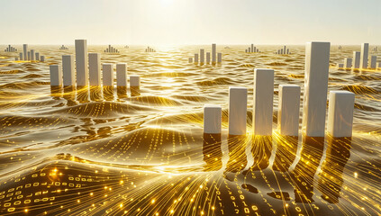 Golden digital waves and rising bar graph represent data-driven business growth and technological advancement