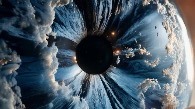 Surreal Eye Closeup with Blue Iris, Cosmic Cloud Reflections, Light Sparks, Imaginative Vision, Detailed Texture, Macro Photography, Fantasy Universe, Creative Imagination, Emotional Depth
