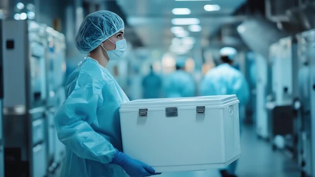 Female scientist in protective suit carrying a cryogenic container with biological samples walking in a modern high tech industrial laboratory or a factory