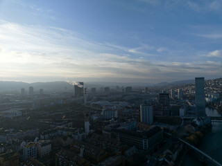 Obraz premium Aerial view of Swiss city of Zürich at industrial district on a Sunday winter sunset. Photo taken February 1st, 2026, Zurich, Switzerland.
