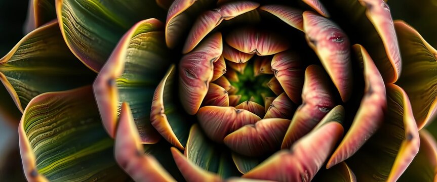 Close-up of artichoke's spiraling bracts, showcasing Fibonacci sequence, food, plant pattern