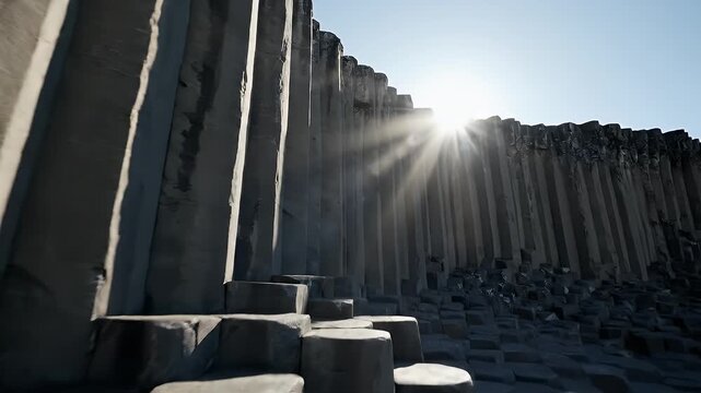 A natural stone formation of hexagonal basalt columns with a bright sunburst overhead