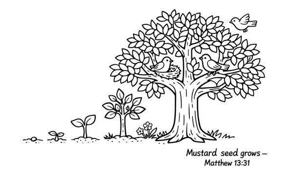 The growth of a mustard seed into a large tree with birds nesting and flying