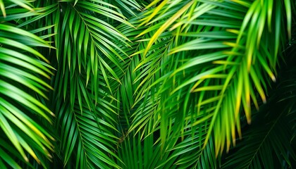 Obraz premium Dense tropical palm leaves create a textured, vibrant green background, nature background, tropical