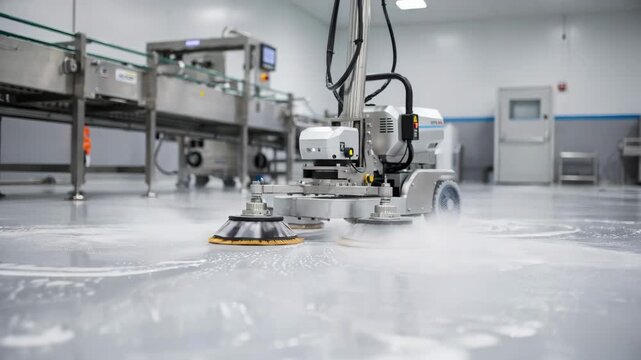 Robot equipped with wet scrubbing technology sanitizing a smooth factory surface ensuring hygiene and cleanliness in a sterile production environment.