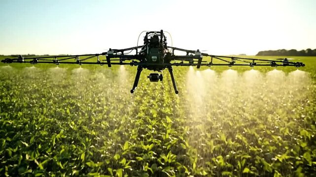 A drone sprays a lush green field with a clear blue sky in the background in this agricultural video