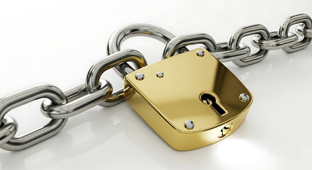 Golden padlock with heavy steel chain security concept isolated on white background 3D render