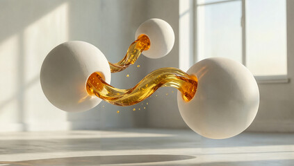 White ceramic spheres bursting with golden liquid, a dynamic connection concept
