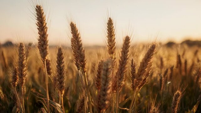 Golden wheat field at sunset; close-up view of tall, sunlit stalks