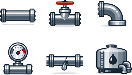 Vector icons of pipes, valves, and tanks.
