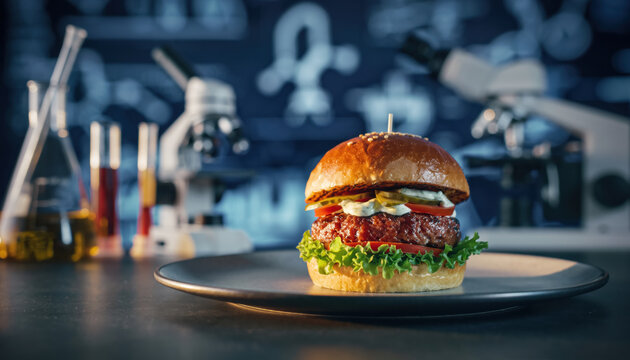 Satisfying lab grown meat burger on plate with fresh lettuce and tasty bun symbolizing future of food science and artificial nutrition in laboratory setting
