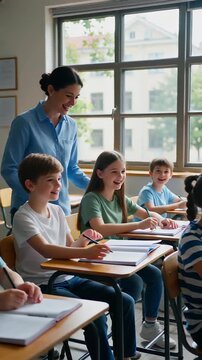 A joyful classroom scene with students engaged in learning, a smiling educator guiding them at desks by large windows allowing natural light