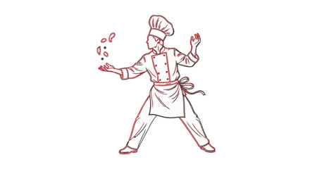 A chef tossing ingredients in the air with a playful expression on his face