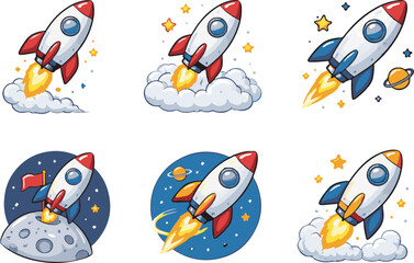 Vector icons of rockets in universe.
