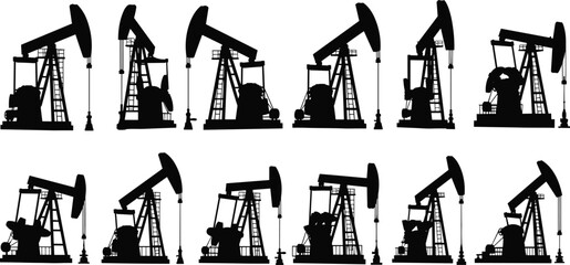 Set of 12 vector silhouettes of oil pump jacks in operation, isolated on a white background. Industry equipment used for extracting crude oil and gas energy.