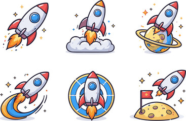 Vector icons of space rockets flying.
