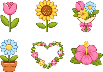 Vector icons of flowers and bouquet.
