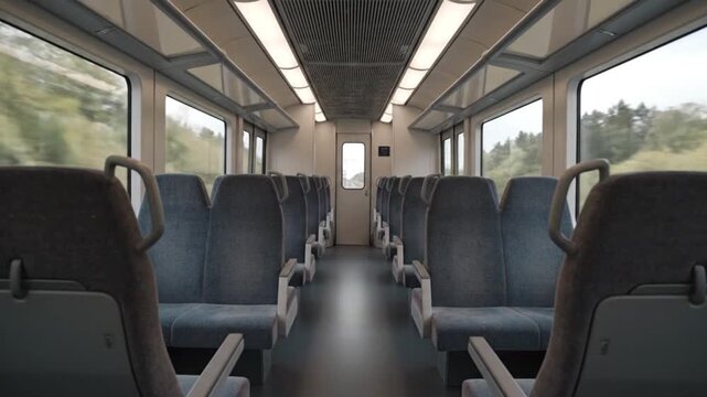 Empty train interior with passenger seats and motion blur landscape outside window. Modern urban public transport journey concept.
