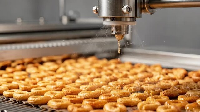 Medium shot showcasing a lowoil spray applicator gently coating baked snacks with minimal flavored oil focusing on precise and controlled flavor enhancement before packaging.