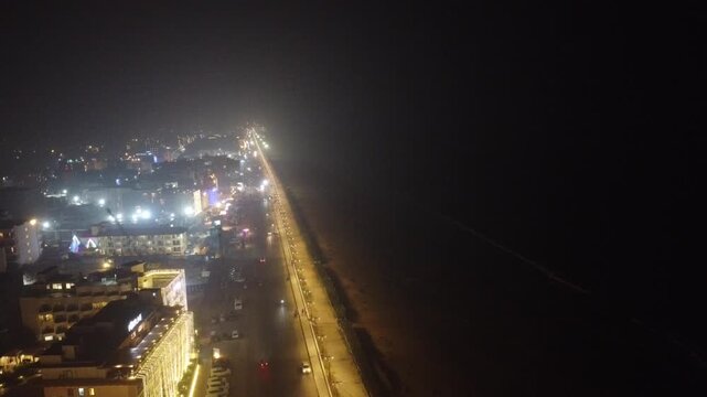 29.12.2025.Puri Orissa India aerial video clip of marine drive road illuminated with street light in Puri captured with drone during night