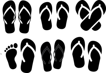 Fototapeta premium Comprehensive Collection of Black Flip-Flop Silhouette Vector Icons and Footprint Graphic Set: Essential Summer Beach Footwear and Holiday Travel Symbols.