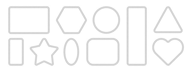 Rope frame border set isolated on white bg. Hexazon, square, oval and heart shape in sea sailor theme, nautical rope collection, flat vector illustration. Travel and marine loop and cord frames.