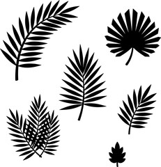 Naklejka premium Minimalist Black Palm Leaf Silhouettes Vector Set: Exotic Tropical Foliage Elements for Summer Design, Jungle Backgrounds, Hawaiian Invitations, and Botanical Decorations