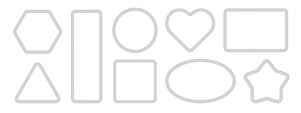Rope frame border set isolated on white bg. Hexazon, square, oval and heart shape in sea sailor theme, nautical rope collection, flat vector illustration. Travel and marine loop and cord frames.