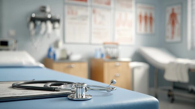 Medium shot of a brightly lit general medicine examination room featuring an exam table and stethoscope in focus with vital signs charts softly blurred.