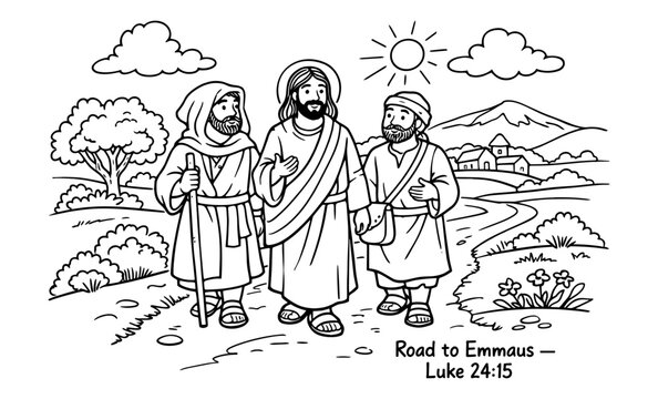 Jesus walks with two disciples on the road to Emmaus, a biblical scene