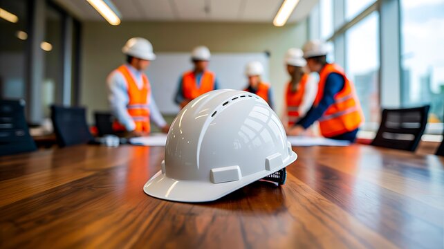 Construction safety helmet on table during team meeting in modern office