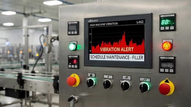 Medium shot showing control panel indicators displaying machine vibration alerts for timely filler maintenance in a manufacturing setting.