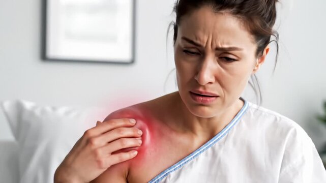 Woman Experiencing Severe Shoulder Pain With Redness and Swelling in Hospital Setting