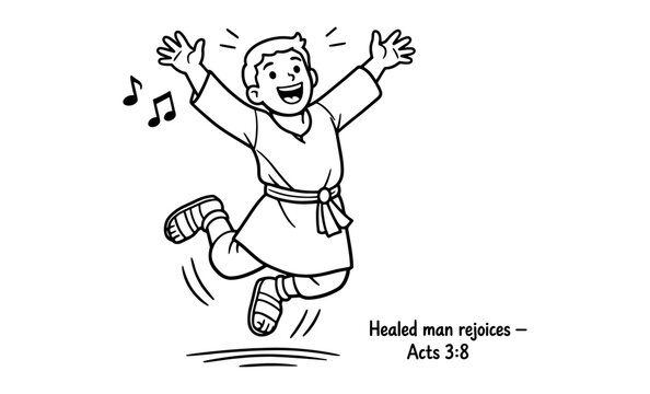Joyful man leaps with arms raised in celebration, music notes float nearby