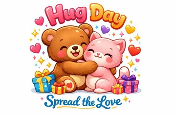Obraz premium Bear and cat hugging with gifts for Hug Day presents