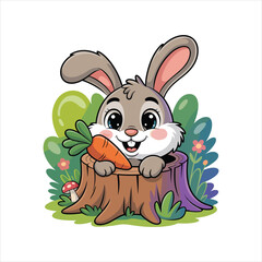 Obraz premium Cute Cartoon Bunny Holding Carrot in Tree Stump Illustration