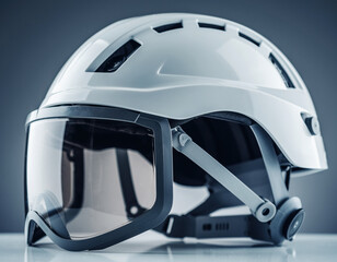 Fototapeta premium Side view of white safety helmet with visor protection displaying futuristic technology on studio background conveying secure feeling for industrial work