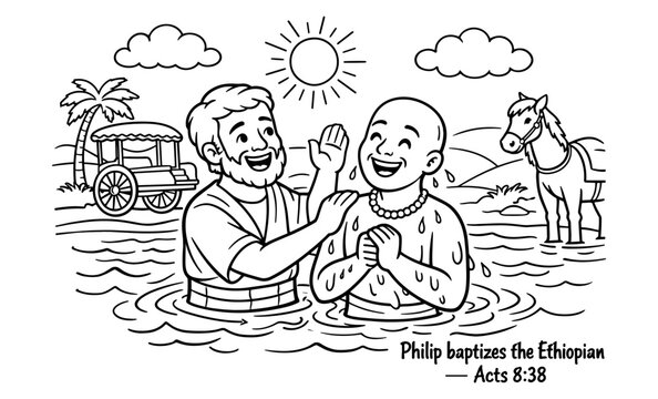 Philip baptizes the Ethiopian eunuch in water with a horse and chariot nearby