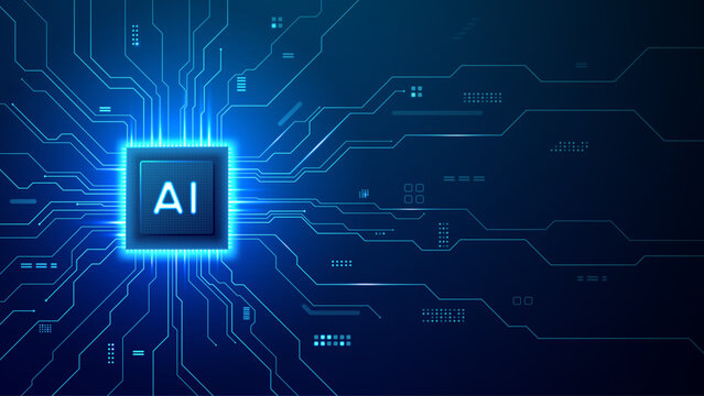 Technology background with luminous AI chip and light blue connections on motherboard. Digital processor concept with artificial intelligence core and complex circuit pathways in vector illustration.