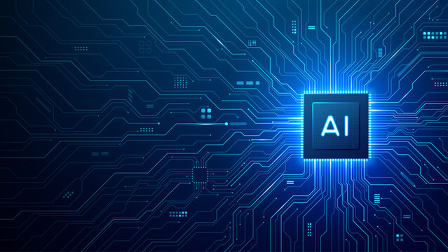 AI chip icon centered on semiconductor circuit board with glowing elements and wires. Microchip positioned right, leaving space for text on blue tech background. Digital blue technology background.
