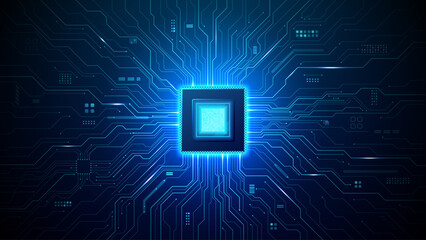 Obraz premium Modern microchip design featuring circuit pathways extending from central processor, creating sophisticated AI semiconductor network on abstract digital background. Digital blue technology background.
