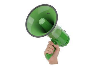 Hand holding green megaphone loudspeaker isolated on transparent background